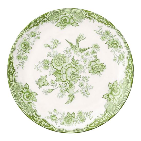 Sage Green and white floral ceramic dinner plates with ornate vintage pattern and decorative border displayed on stand for elegant table settings