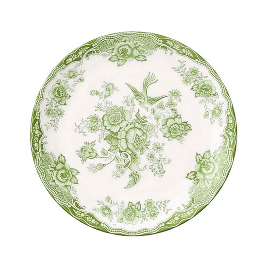 Sage Green and white floral ceramic dinner plates with ornate vintage pattern and decorative border displayed on stand for elegant table settings