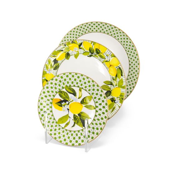 Giardino di Limoni charger plate with green geometric border, gold trim and lemon tree center design for luxury table décor