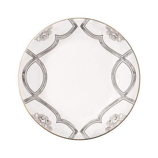Marble of Delphi dinner plate with gray geometric pattern, gold trim and elegant design for modern luxury dining