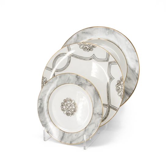 Marble of Delphi dinner plate with gray geometric pattern, gold trim and elegant design for modern luxury dining