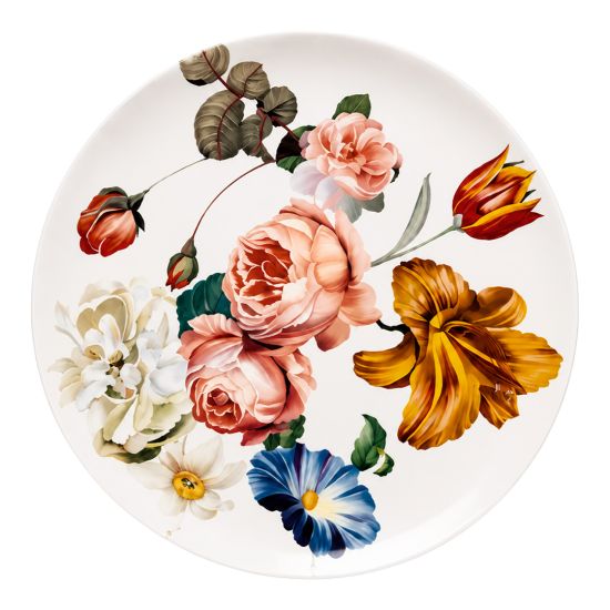 Decorative floral charger plate with colorful botanical artwork on white ceramic surface