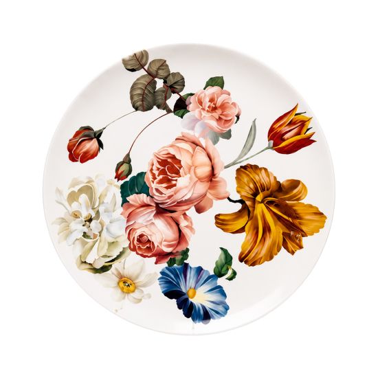 Luxury white dinner plate with vibrant floral bouquet artwork featuring roses, tulips, and botanical blooms