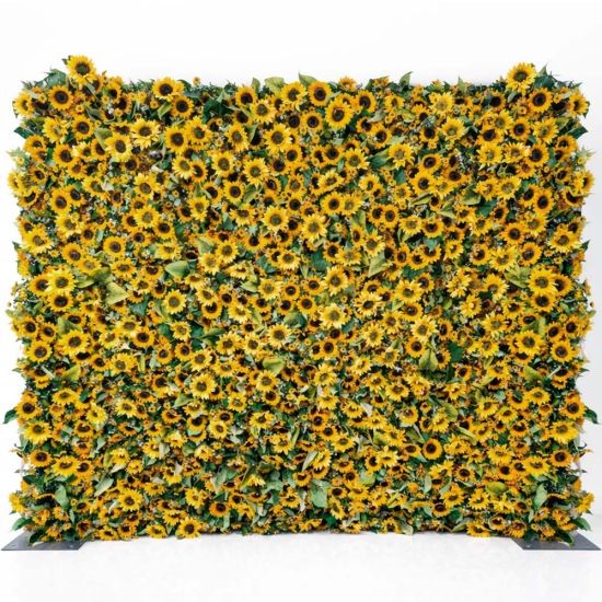 Sunflower flower wall backdrop with dense yellow blooms and green foliage, bright summer photo backdrop panel for parties and events.