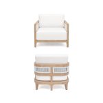 Modern outdoor lounge chair with natural wood frame, woven rope accents, and white cushion seating