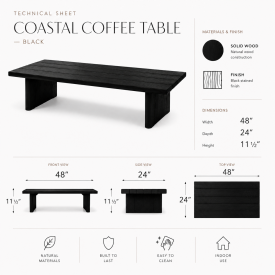 Contemporary rectangular outdoor coffee table crafted from black wood with slatted tabletop design