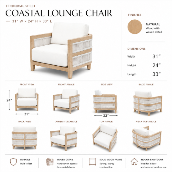 Modern outdoor lounge chair with natural wood frame, woven rope accents, and white cushion seating