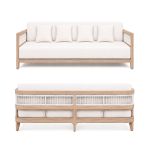Modern outdoor sofa with natural wood frame, woven rope side panels, and white upholstered cushions