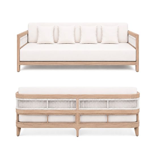Modern outdoor sofa with natural wood frame, woven rope side panels, and white upholstered cushions