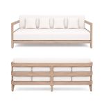 Luxury outdoor sofa with a natural wood frame, white upholstered cushions, four accent pillows, and an open-back design, shown from front and rear views.