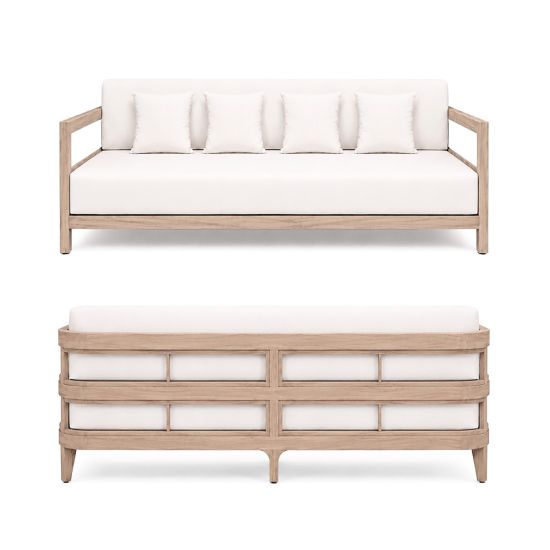 Luxury outdoor sofa with a natural wood frame, white upholstered cushions, four accent pillows, and an open-back design, shown from front and rear views.