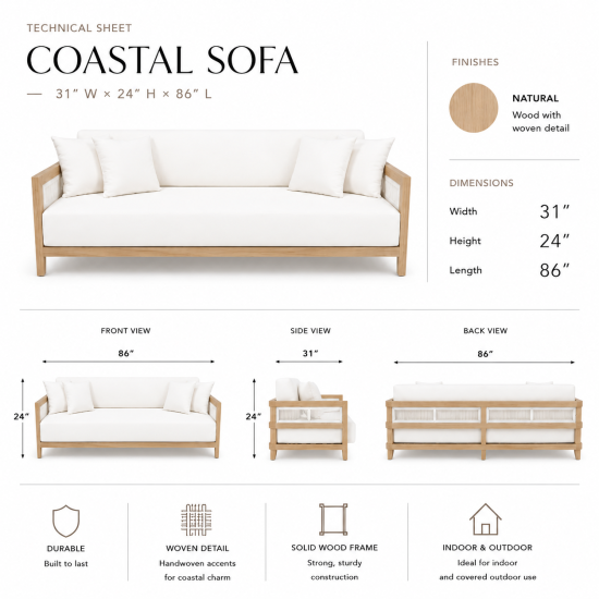 Luxury outdoor sofa with a natural wood frame, white upholstered cushions, four accent pillows, and an open-back design, shown from front and rear views.
