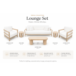 Luxury outdoor sofa with a natural wood frame, white upholstered cushions, four accent pillows, and an open-back design, shown from front and rear views.