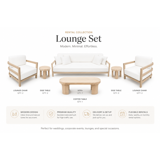 Luxury outdoor sofa with a natural wood frame, white upholstered cushions, four accent pillows, and an open-back design, shown from front and rear views.