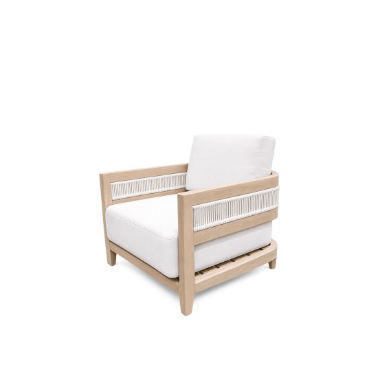 Modern outdoor lounge chair with natural wood frame, woven rope accents, and white cushion seating
