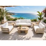 Contemporary oval outdoor coffee table crafted from natural wood with slatted tabletop design