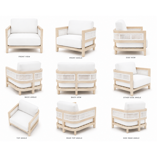 Modern outdoor lounge chair with natural wood frame, woven rope accents, and white cushion seating