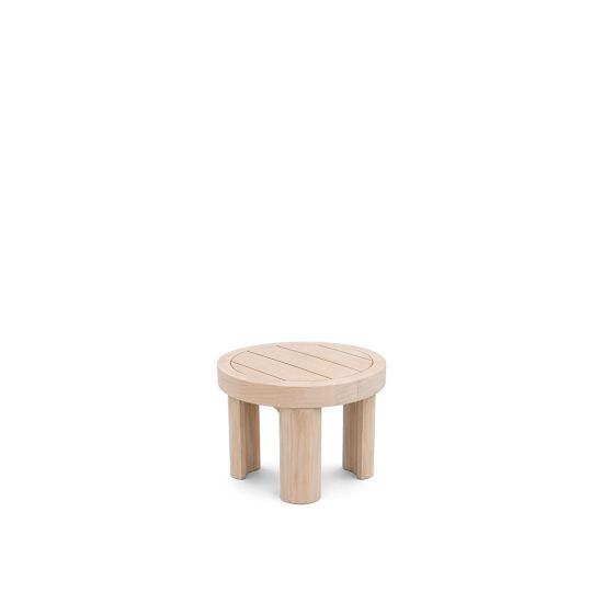 Round outdoor side table in natural wood with slatted top and cylindrical legs