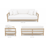 Modern outdoor sofa with natural wood frame, woven rope side panels, and white upholstered cushions