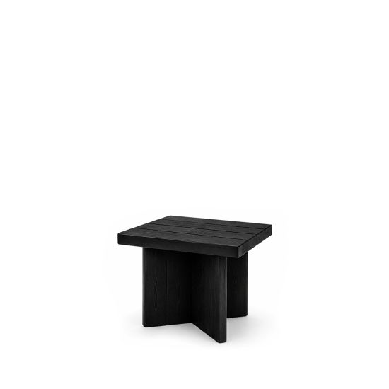 Round outdoor side table in Black wood with slatted top and cylindrical legs
