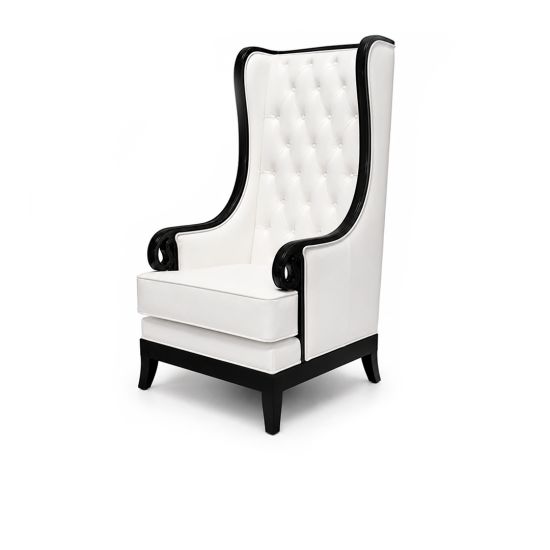 Empire armchair in white with black frame, tall wingback and tufted upholstery, modern lounge chair rental for weddings and events.