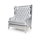Empire loveseat in silver with tall wingback and button-tufted upholstery, elegant lounge seating rental for weddings and events.