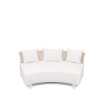 Laguna Crescent curved sofa with ivory upholstery, rope-woven backrest, white frame, and three accent pillows.
