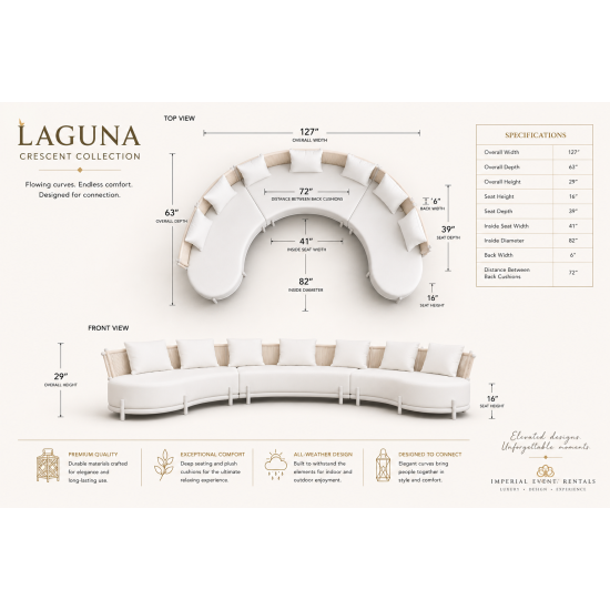 Laguna Crescent curved sofa with ivory upholstery, rope-woven backrest, white frame, and three accent pillows.