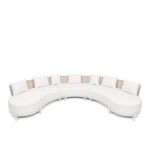Laguna Crescent 3-piece curved sofa with ivory upholstery, rope-woven backrests, white frame, and seven accent pillows.
