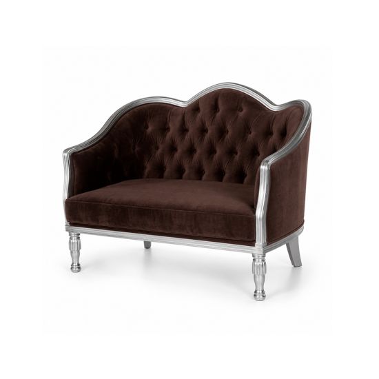 Venice brown tufted loveseat with curved back and plush seat, modern lounge seating rental for weddings, corporate events, and parties.