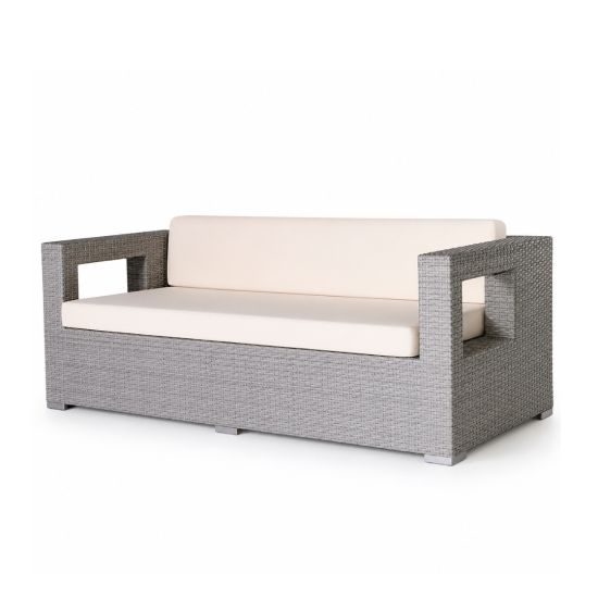 Sand rattan square hole sofa with woven frame and white cushion, modern outdoor lounge sofa rental for weddings and events.
