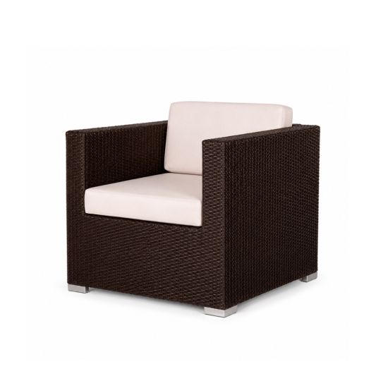 Mocha rattan armchair with woven frame and white cushion, modern outdoor lounge chair rental for weddings and events.