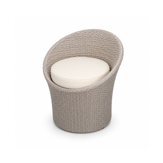 Sand bucket rattan chair with round woven frame and white cushion, modern outdoor lounge chair rental for weddings and events.