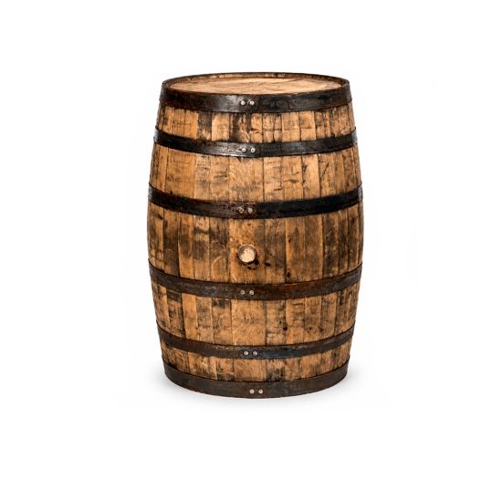 Natural wood rustic barrel with metal bands and vintage finish, western barrel decor rental for weddings and rustic event styling.