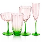 Tulip Flower pink champagne coupe with a green stem and fluted glass bowl, ideal for cocktails, champagne, weddings, and luxury event décor.