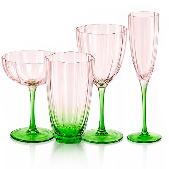 Tulip Flower pink champagne coupe with a green stem and fluted glass bowl, ideal for cocktails, champagne, weddings, and luxury event décor.