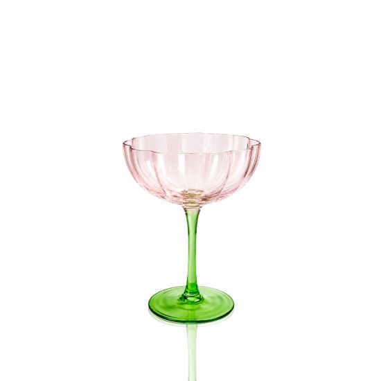Tulip Flower pink champagne coupe with a green stem and fluted glass bowl, ideal for cocktails, champagne, weddings, and luxury event décor.