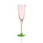 Tulip Flower pink champagne flute with a green stem and ribbed glass design, perfect for weddings, luxury events, and elegant table settings.