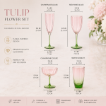 Tulip Flower pink champagne coupe with a green stem and fluted glass bowl, ideal for cocktails, champagne, weddings, and luxury event décor.