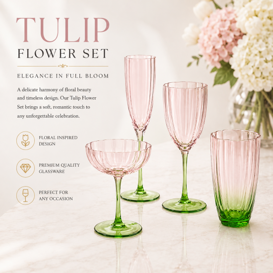 Tulip Flower pink champagne coupe with a green stem and fluted glass bowl, ideal for cocktails, champagne, weddings, and luxury event décor.
