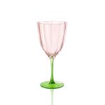 Tulip Flower pink wine glass with a green stem and ribbed design, perfect for serving wine at weddings, receptions, and luxury dining events.