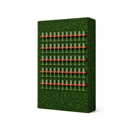 Rectangular green hedge backdrop with horizontal wine glass holder rails, compact bar display wall for weddings and cocktail service.