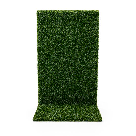 Single-sided 4x8 artificial hedge wall with dense green foliage and base support, freestanding greenery backdrop for weddings and events.