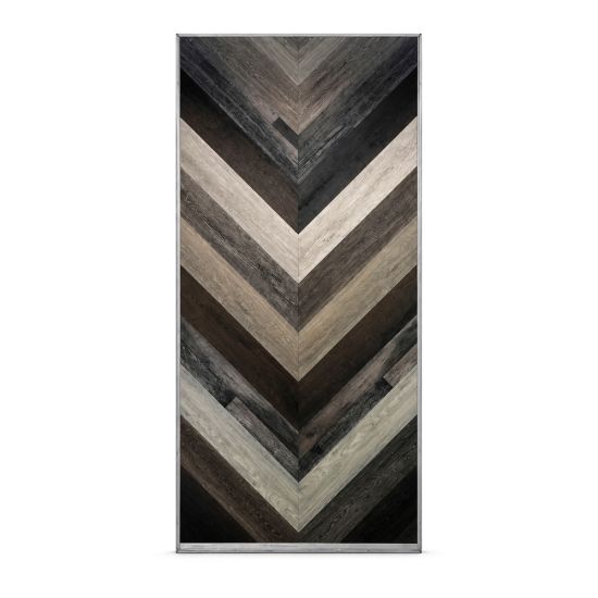 Mixed wood panel backdrop with chevron plank pattern in 4x8 size, modern rustic feature wall for events, stages, and photo ops.