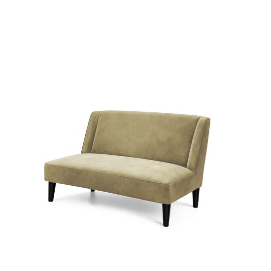 Modern tan upholstered loveseat with angled backrest and black tapered legs, minimalist two-seat sofa for living room or small space seating.