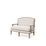 Oak-finish Paris settee loveseat with tufted back and light upholstery, elegant vintage lounge seating for weddings and events