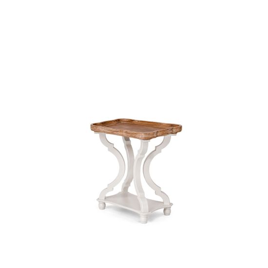 French country rectangular side table with carved wood legs and lower shelf, rustic accent table for weddings and event lounges