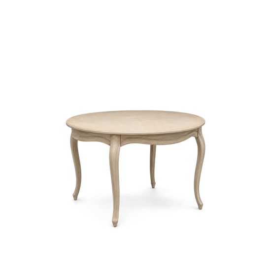 Paris round dining table with carved legs and light finish, elegant vintage-style event dining table for weddings and receptions