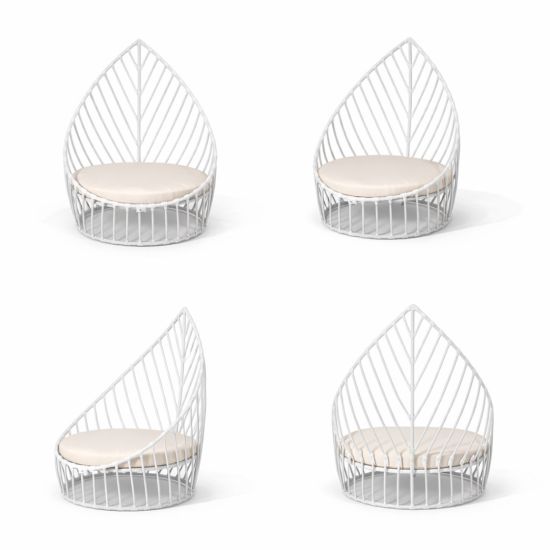 White leaf chair with sculptural open leaf frame and seat cushion, modern accent chair rental for weddings and event lounges.