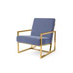 Dusty Blue velvet lounge armchair with polished gold metal frame and open square base, modern luxury seating for upscale event lounges.